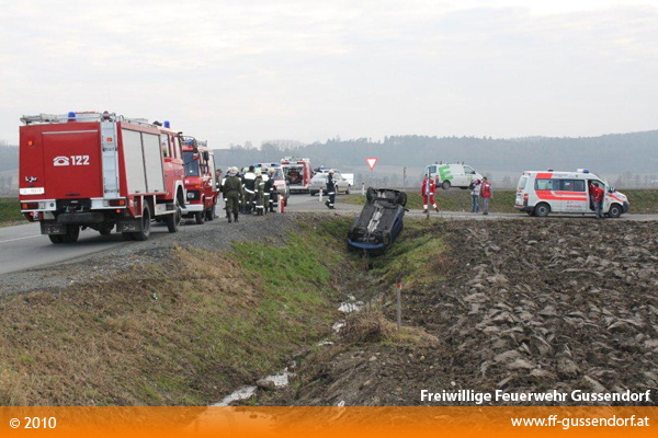 Der ver&uuml;ngl&uuml;ckte PKW und die Einsatzkr&auml;fte der Feuerwehr und des Roten Kreuzes