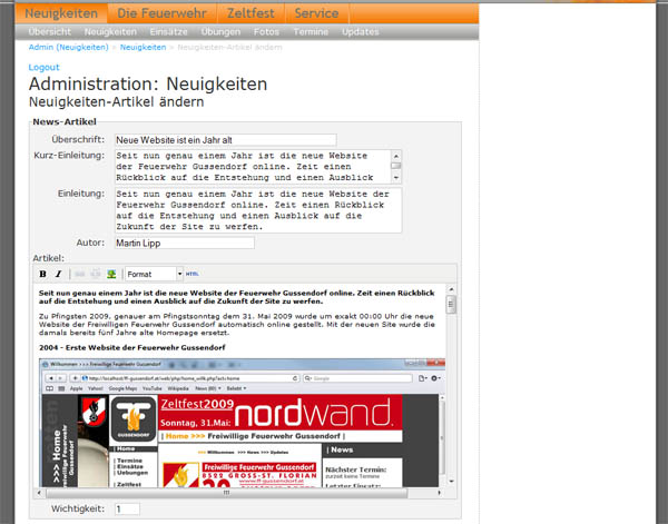 Der Administrationsbereich: Bei der Erstellung dieses Artikels