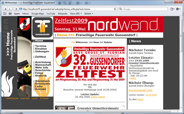 Die erste Website der FF Gussendorf: Stand Pfingsten 2009, kurz vor der Einf&uuml;hrung der neun Site